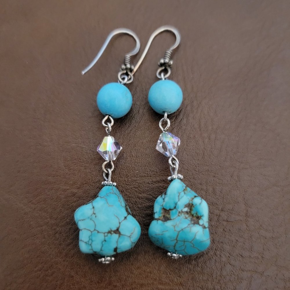 Raw Turquoise Stone Sterling Silver Earrings with Aurora Borealis Crystal